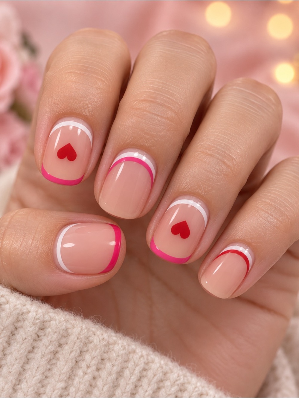 24pc Nude Pink Heart French Tip Press-On Nails Short Square Valentine AC109
